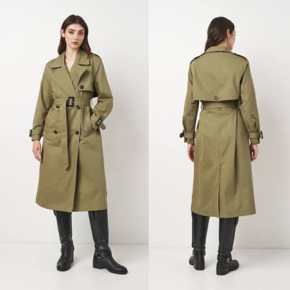 ZARA Oversized Belted Double Breasted Long Trench Coat Khaki Taupe Green  XSmall